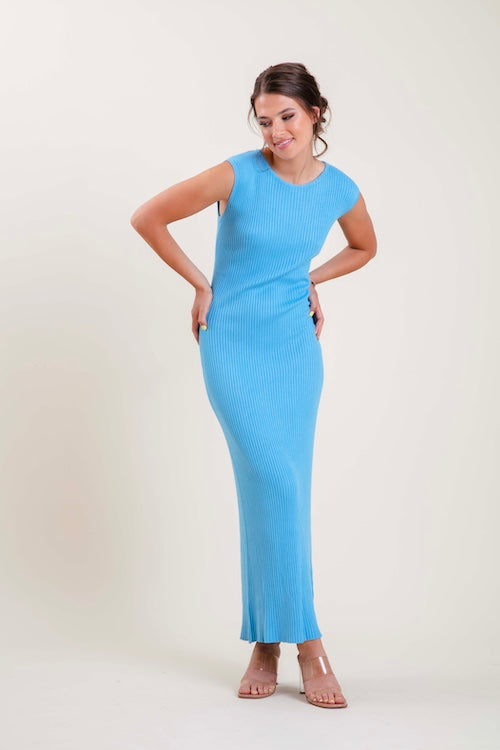 Lange gebreide jurk - Blauw
